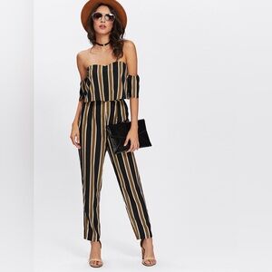 Lulumari Black and Tan Striped Off-Shoulder Jumpsuit